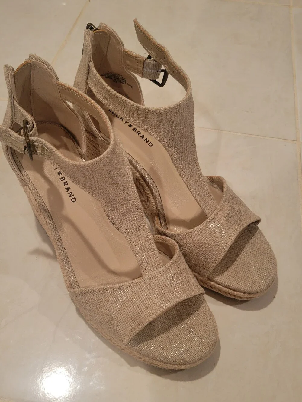New Lucky Brand Size 8 Wedge Sandals Metallic Linen Womens Ladies Espadrille